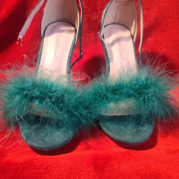 Crystal Queen Kelly Green Suede Open Toe Feather Ankle Strap Heels Size 40 - Picture 6 of 9